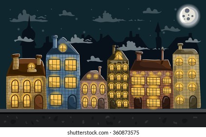 Seamless night city landscape. Vector unending background with moon, ground, buildings and sky layers