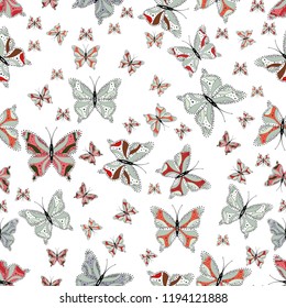 Seamless. Night cute butterflies on white, gray and black abstract background. Illustration for fabric, textile, print and invitation. Vector illustration.
