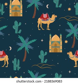 Seamless night desert pattern with camels. Vector graphics.