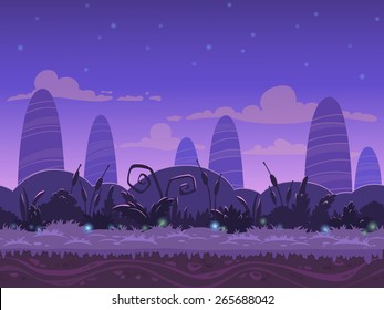 Seamless night landscape, never ending vector nature background with separated layers for game design