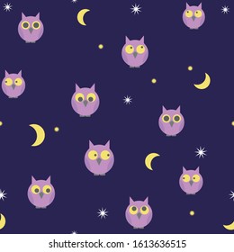 Seamless night pattern of cartoon owls, crecsents and stars on dark blue. Repeating night background for fashion, pyjamas, print, wallpaper, textile, backdrop design.