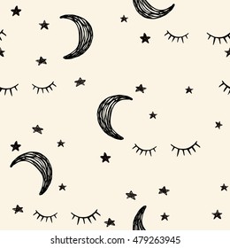 Seamless Night Pattern With Cute Lashes, Moon And Stars