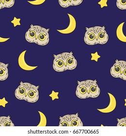 Seamless night pattern with cute owls, stars and moon. Vector good night background.