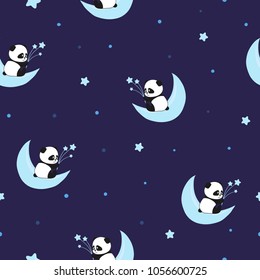Seamless night pattern with cute panda bears on the clouds. Baby print.