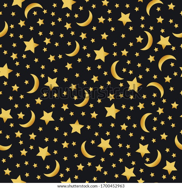 \
seamless night pattern for sleeping\
with the moon and golden stars on a black\
background