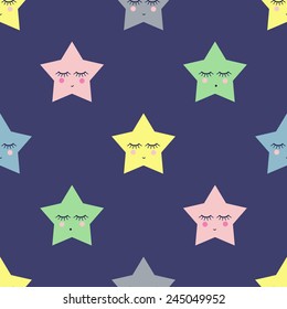 Seamless night pattern with sleeping stars for kids holidays. Cute baby shower vector background.