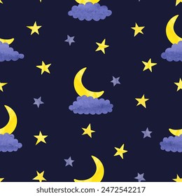 Seamless night pattern with watercolor moon, stars and clouds. Vector cartoon illustration