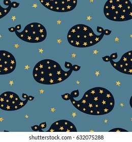Seamless night pattern with whales and stars. Vector background. 