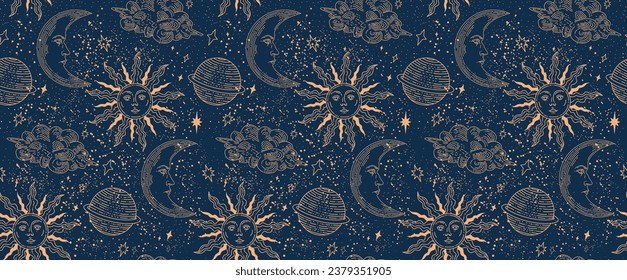 Seamless night sky pattern. Celestial elements. Pattern for textiles. Ornament sun and moon. On a blue background.