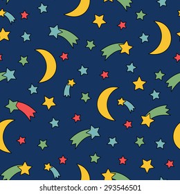 Seamless night sky pattern. Comic background with stars, comet, moon, meteorite. Cute child drawing style sky vector illustration.