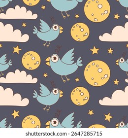 Seamless Night Sky Pattern with Flying Birds and Moons