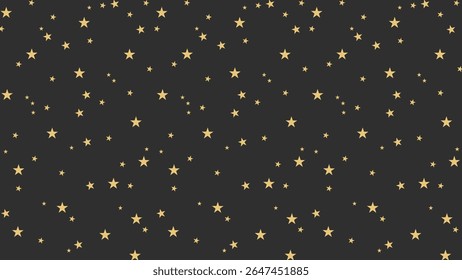 Seamless night sky pattern with golden stars on black background. Perfect vector for celestial designs, kids fabric, wrapping paper, wallpapers, dreamy decor, and space-themed digital artwork.