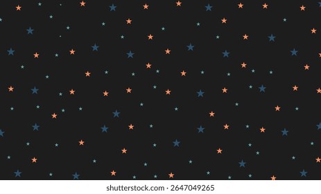 Seamless night sky pattern with orange, teal, and navy stars on black background. Ideal for kids design, fabric, wallpaper, party invitations, and celestial-themed projects.