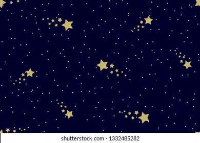 Seamless night sky pattern with shining stars and midnight blue background.