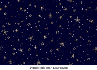 Seamless night sky pattern with shining stars and midnight blue background.