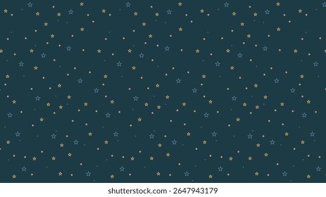 Seamless night sky star outline pattern with yellow, coral, and blue stars on dark background. Cute celestial vector for kids fabric, wrapping paper, nursery art, or digital design.