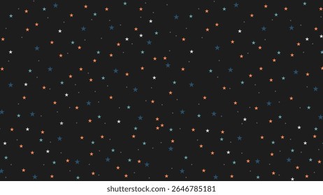Seamless night sky star pattern with orange, blue, white stars on black background. Ideal for kids design, party themes, wrapping paper, galaxy wallpaper, and nursery decoration.