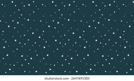 Seamless night sky star pattern with white stars on dark blue background. Celestial vector design for wallpapers, kids room, fabric, wrapping paper, or cosmic-themed digital projects.
