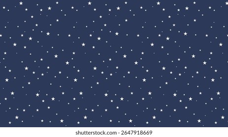 Seamless night sky star pattern with white stars on dark blue background. Celestial vector design perfect for fabric, kids room, wrapping paper, wallpaper, or digital projects.