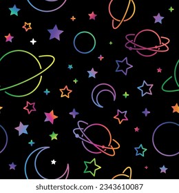 Seamless night sky stars pattern. Sketch moon, space planets and hand drawn star vector illustration. Astronomy symbols decorative texture. Cosmic wallpaper, wrapping paper, textile outline design