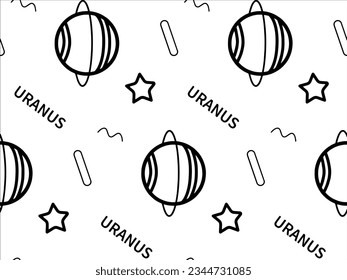 Nahtlose Sterne am Nachthimmel. Skizze Weltraum Planet Uranus Vektorgrafik. Astronomiesymbole Kosmische Tapete, Wickelpapier, Stoffumriss-Design.