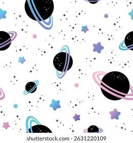 Padrão de estrelas do céu noturno sem costura em um fundo branco.  Astronomia símbolos textura decorativa. Papel de parede cósmico, papel de embrulho, design de contorno têxtil
