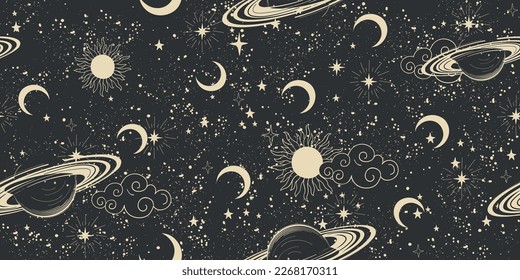 Seamless night space pattern with planets, sun and clouds on a black starry background, boho moon ornament. Mystical heavenly banner for astrology, zodiac, fabric. Vector illustration.