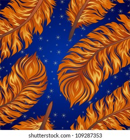 Seamless night vector background with bright feathers