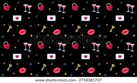 Seamless nightlife romance pattern with icons of cocktails, lips, love letters, keys, padlocks, sparkles, and music notes, ideal for Valentine, passion, party mood,and romantic celebration themes