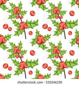 Seamless Noel pattern with holly berry. Tile Christmas background. Vector illustrated repeating texture. Holiday wrapping paper.