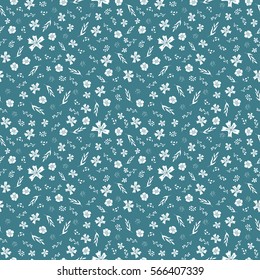 Seamless non-directional floral pattern. Lay of tiny botanical elements in white on moderate cyan green background. All over floral design for dressmaking fabric prints, bedding textile & gift wrap.