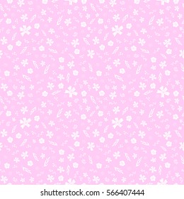 Seamless non-directional floral pattern. Lay of tiny botanical elements in white on pale magenta pink background. Vector floral design for dressmaking fabric prints, bedding textile & gift wrap.