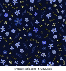 Seamless non-directional flower pattern. Botanical elements in shades of blue, olive green and yellow on dark indigo blue.  All over floral design for fabric prints, bedding textiles & gift wrap