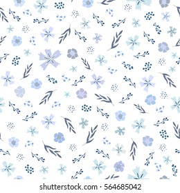 Seamless non-directional  flower pattern. Lay of botanical elements in shades of faded blue on white background. Allover floral design for dressmaking fabric prints, bedding textile & gift wrap. 