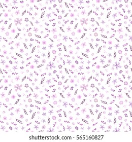 Seamless non-directional flower pattern. Tiny botanicals in purple, pink, lilac, mauve, violet & lavender on white. All over floral design for dressmaking fabric prints, bedding textile & gift wrap.