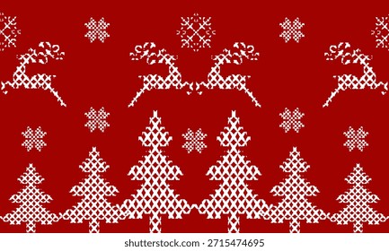 Seamless Nordic Christmas knit pattern in crimson red and white. Folk winter style with reindeer, fir trees, and snowflakes, ideal for wrapping paper, textiles, backgrounds, and holiday designs.