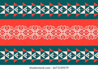 Seamless Nordic Christmas sweater pattern in pixel art style with geometric snowflakes and festive ornaments. Traditional Scandinavian winter textile design, perfect for holiday backgrounds, wrapping 
