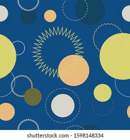 Seamless nordic circle geometric pattern on trendy 2020 color classic blue background. Trendy vector design with chartreuse shapes for  interior decor, cover, posters, textile, card, business banner