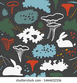 Seamless nordic floral pattern with chanterelle mushrooms, reindeer moss, gray lichens, needles. Nature background texture