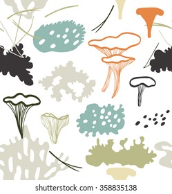 Seamless nordic floral pattern with chanterelle mushrooms, reindeer moss, gray lichens, needles. Nature drawn background