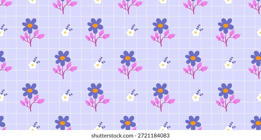 Seamless Nordic floral pattern with cute blossoms, leaves, and a clean geometric rhythm. Designed for textiles, wallpaper, and modern interior prints.