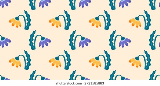 Patrón floral nórdico sin fisuras con lindas flores, hojas y un ritmo geométrico limpio. Diseñado para textiles, Fondo de pantalla y estampados interiores modernos.