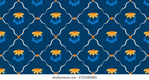 Patrón floral nórdico sin fisuras con lindas flores, hojas y un ritmo geométrico limpio. Diseñado para textiles, Fondo de pantalla y estampados interiores modernos.