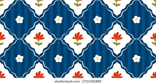 Patrón floral nórdico sin fisuras con lindas flores, hojas y un ritmo geométrico limpio. Diseñado para textiles, Fondo de pantalla y estampados interiores modernos.