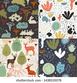 Seamless nordic floral patterns with chanterelle mushrooms, reindeer moss, lichens, needles, deers. Nordic nature background set