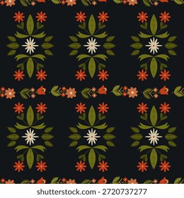 Patrón nórdico inconsútil del Folk con las flores en un fondo negro. Elementos de motivos escandinavos. Ilustración vectorial.