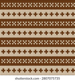 Seamless Nordic Knitting Pattern with Brown Geometric Cross and Stripe Ornaments