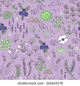 Seamless nordic natural pattern with mushrooms, reindeer moss, gray lichens, needles. Floral background texture