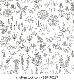 Seamless nordic natural pattern with mushrooms, reindeer moss, lichens, needles. Floral background texture