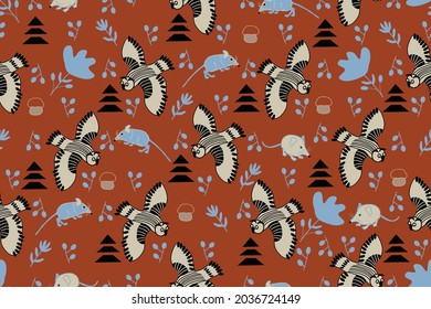 seamless nordic pattern with woodland animals, flowers and fir trees, vector design for paper fabric and other surface